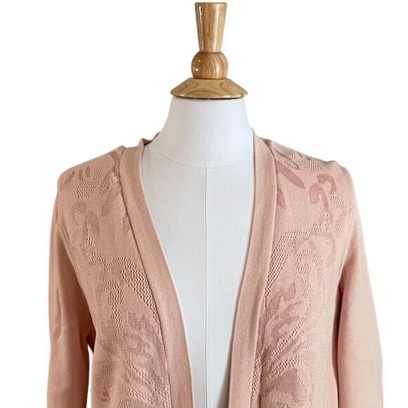 Chico's Petal/Blush Pink Long Open Cardigan, Duster Floral Jacquard Tapestry L - Picture 3 of 15